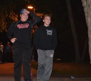 Sophomores Jake Stewart and Drake Stern participated in the "Clown Hunt" on Tuesday Oct. 4. They were just two of upwards of 30 students who were out an about along the Slough Path just after midnight. (Photo by: Alex Halterman)