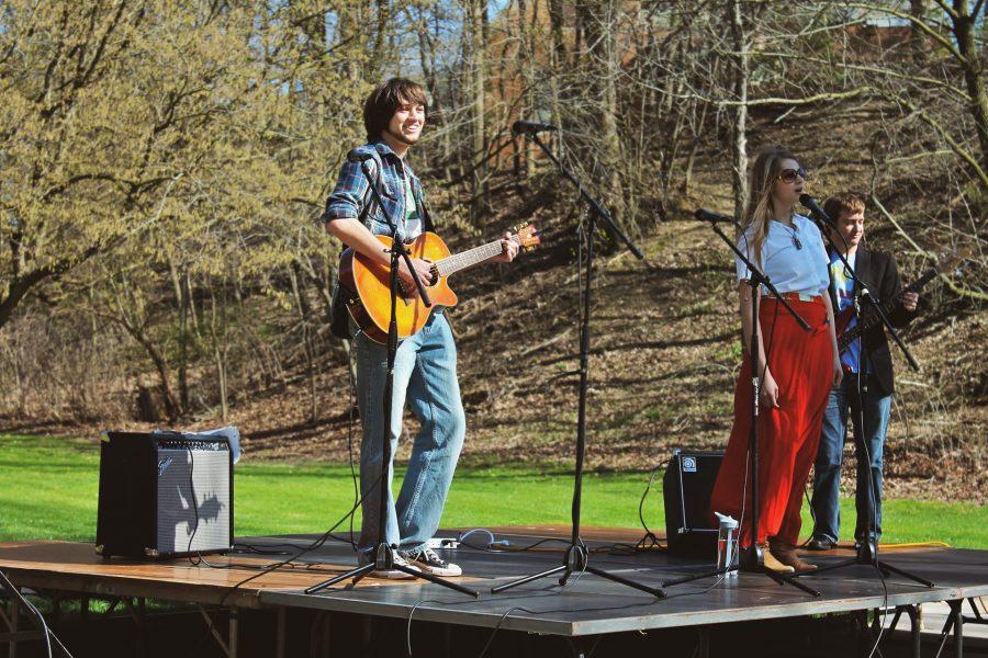 (Left to right) Improbability Drive members John Stenger, Rachel Auton and Brandon Wills perform in the quad last spring during Shantytown.
Photo courtesy of Paige Pierson,  live on campus co-chair