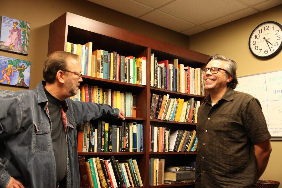 Classics professors Emil Kramer and Mischa Hooker talk after teaching their courses in the Classics nook. Kramer and Hooker have known each other since graduate school.
Photo by Shylee Garrett.