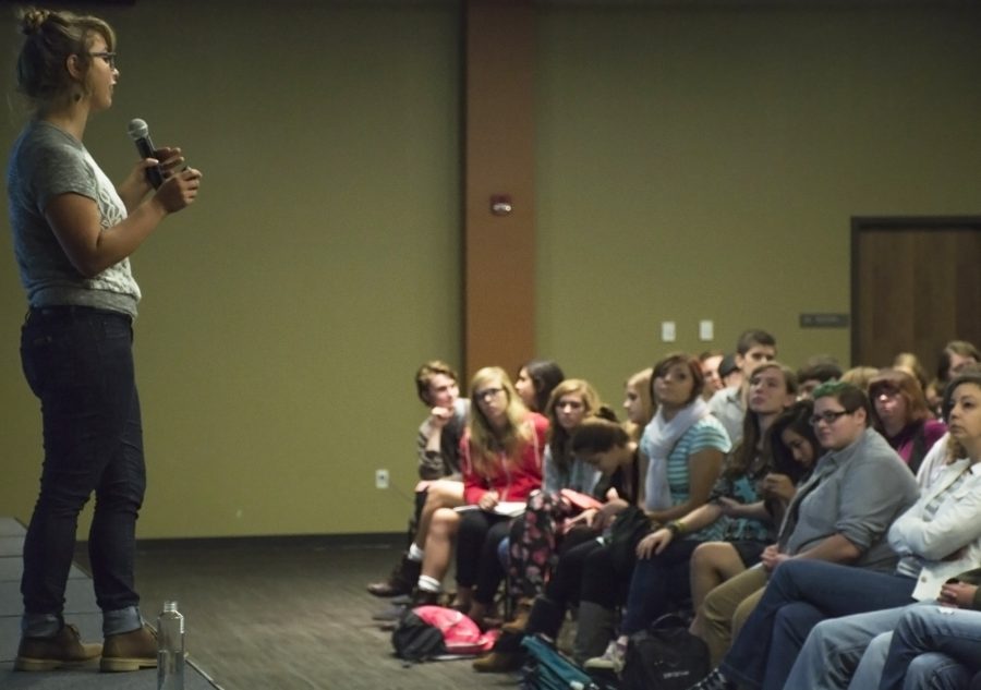Public sex educator Laci Green delivers a lecture to Augustana students on rape culture in the Gavle Room on Sept. 16. Augustana is one stop on her nationwide college tour discussing rape culture.
