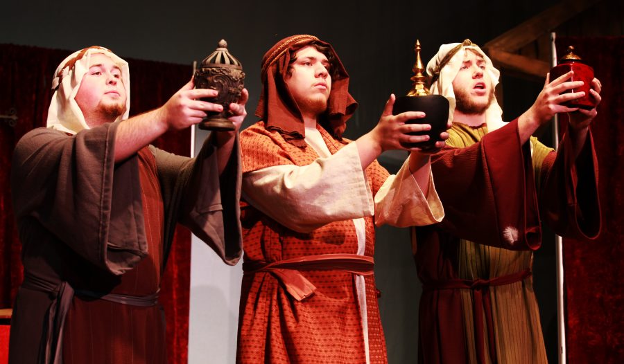 Tom Hagaman, Corbin Delgado and Payton Brasher present their gifts in The Play of Herod. The collection of manuscripts used is known as the Fleury Playbook, and is among the most comprehensive notation for early liturgical musical material from around 1200 A.D.
Photo credit: Shylee Garrett/Observer Staff
