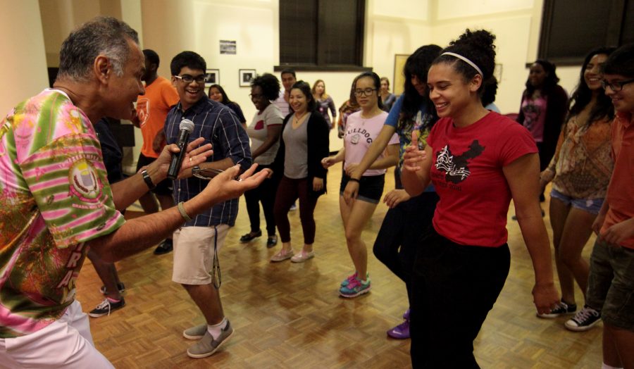 First-year, Kayla Butler and Augustanas special guest, Armando Duarte, dance during a night of Samba held in Wallenberg Hall in celebration of Hispanic Heritage Month sponsored by the Office of Multicultural Student Life.
Photo by Luanna Gerdemann.
