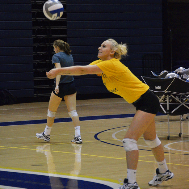 Sophomore Danielle Janacek bumps the ball during a practice drill. The Vikings will play two CCIW games this week. Photo by: Alia McMurray