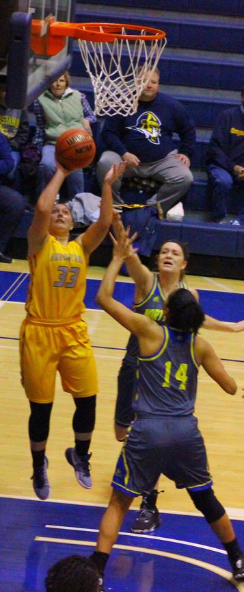 Senior guard Jennifer VanWatermeulen goes up for a shot during the womens basketball game against North Park on Saturday Dec. 3. The Vikings won 88-85 and contnued their historic start of 6-0. Photo by Tawanda Mberikwazvo.