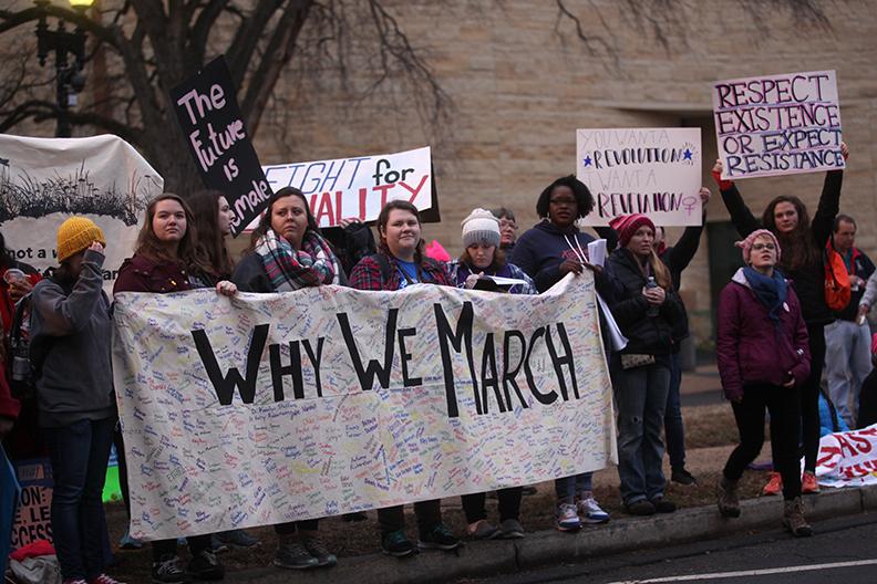 (From Right to Left) - Lexi Ferguson, senior, Hannah Mccandleuss, senior, Hannah Morrison, senior, Katie Brown, senior, and Morgan Sexton, sophomore, traveled to the march from Lindsay Morrison College in South-Central Kentucky. Photo by Ryan Jenkins.