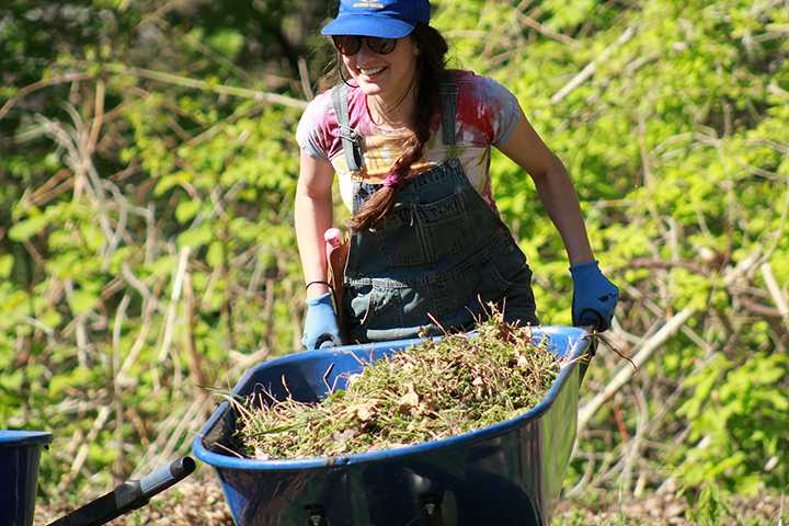 Jodie Kirschner, one of the lead organizers of Green Week, moves some mulch around Augie Acres. Photo by Lu Gerdemann.
