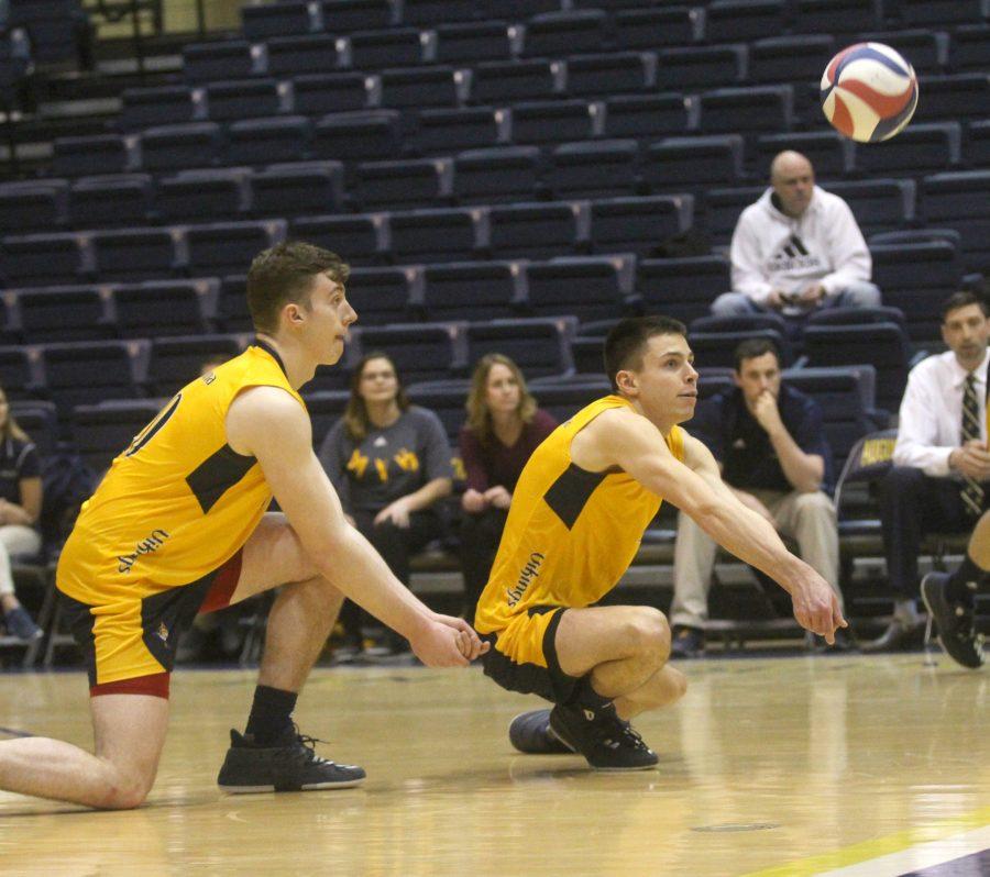 (left to right) Justin Murphy (21) and Dylan Baum (21) kneel to hit the ball during the Vikings match against Mount Mercy on Wednesday night. Photo by Kevin Donovan