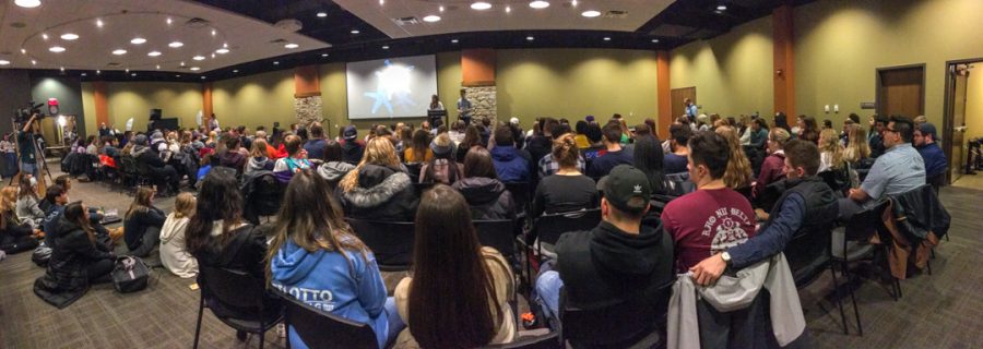 Students turned up in a large crowd to support the Gray Matters movement on Tuesday, Feb. 5, 2019 in the Gavle rooms. The room was filled to capacity, with many sitting outside the doorway to hear speakers. Photo courtesy of Ian Murrin. 