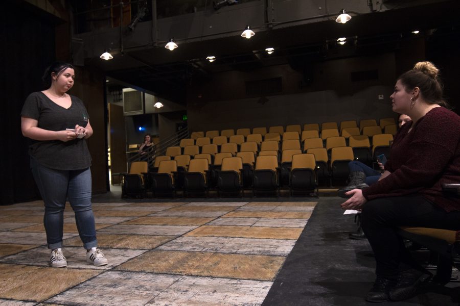 Sophomore SophiaRose Brown receives direction from junior and Vagina Warrior Shyan Devoss, on her performance on Thursday, Feb. 7, 2019 in Brunner Theater. Her monologue, “If Knives Were Butterflies,” was written by professor Kiki Kosnick as the first ever “Augie Spotlight Piece.” Photo by Thea Gonzales.