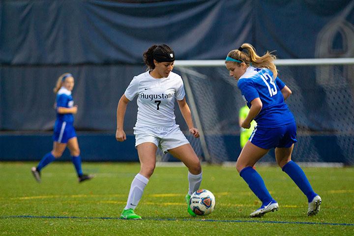 Augustana sophomore Marcela Arreguin tries to steal the ball and make a cross in the first match of the game. Augustana Vikings won against Millikin by 1-0 on October 19, 2019.