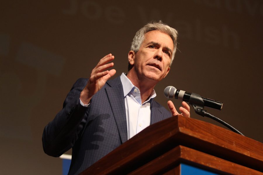 Joe Walsh, former US Representative and Republican candidate, talks to the crowd during the presidential forum ran by The Peoples Caucus on Sunday, January 12 at Davenport North High School. Photo by Kevin Donovan