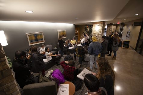 Students gather at the Brew on Thursday, Feb. 20 to discuss what they want administration to do about Phi Omega Phis misconduct during rush weekend, Feb. 7-9. Photo by Kevin Donovan