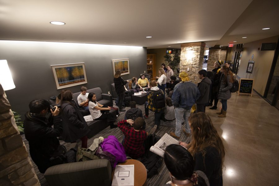 Students+gather+at+the+Brew+on+Thursday%2C+Feb.+20+to+discuss+what+they+want+administration+to+do+about+Phi+Omega+Phis+misconduct+during+rush+weekend%2C+Feb.+7-9.+Photo+by+Kevin+Donovan