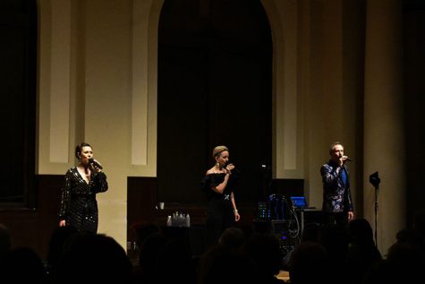 The Real Group’s Emma Nilsdotter (Left), Lisa Ӧstergren (Center), and Anders Edenroth (Right) performing at Wallenberg Hall onTuesday, February 11th, 2020.