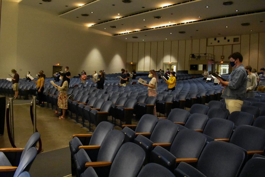 Augustana’s choir group spread out to remain socially distant during practice at Centennial Hall on Thursday, October 8th, 2020. Photo by Chris Ferman. 