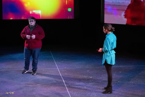 Virgil Hajdys, left, and Ravyn Davis, right, rehearse for the production of The Curious Incident of the Dog in the Night-Time. Photo by Nick Muller.
