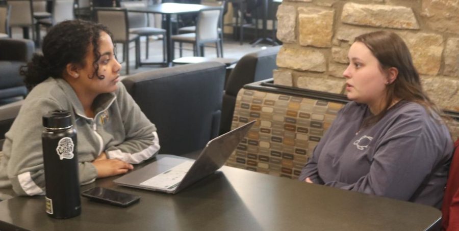 Augustana Observer staff Feven Zewdu(Left) interviewing sophmore Abby Campis(right) by the Brew on Friday, April 8, 2022.
