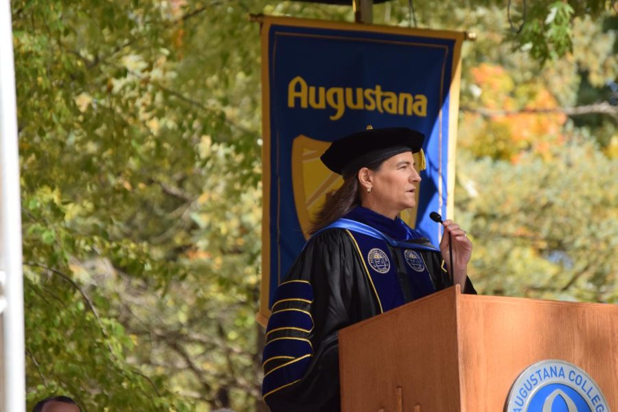 President Andrea Talentino gives a speech in the quad after being inaugurated as 9th president of Augustana College on Oct. 15, 2022.