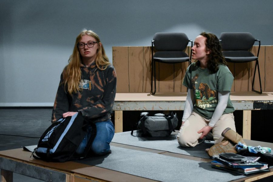 Sophomores Emma Watts, left, and Alice Sylvie, right, rehearse a scene for the Small Mouth Sounds production at the Brunner Theater.