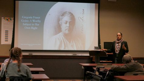Dr. Lauren Hammond Ford, Ph.D., Associate Professor of History at Augustana College, during her presentation on Gregoria Fraser Goins at Davenport Public Library on Wednesday, March 8, 2023.