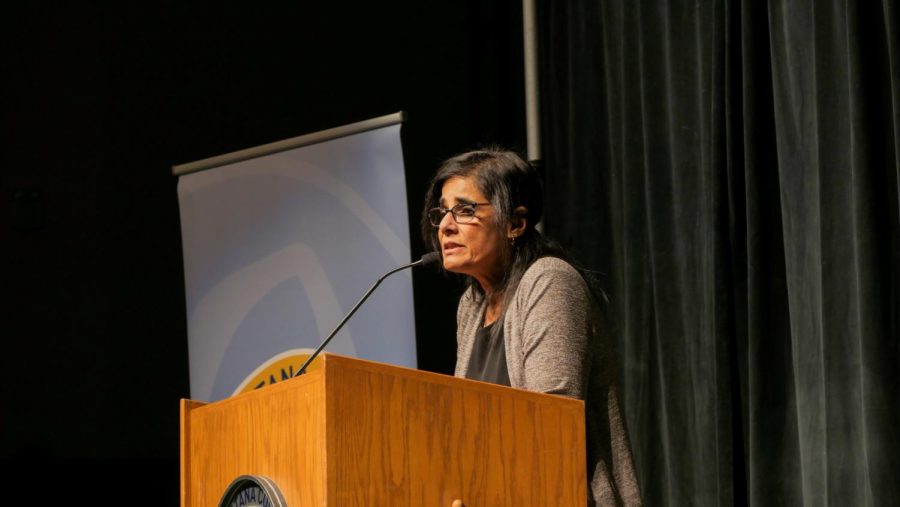 Mamata Marmé, Assistant Professor of Business Administration and the last lecturer, delivers her speech on staying present and grateful at the Last Lecture on May 4, 2023, despite earlier nervousness.