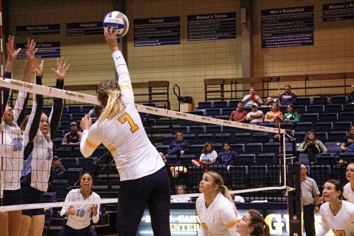 Senior Emily Schipper delivers a spike during the recent match between Augustana College Vikings and Elmhurst University Bluejays on Oct. 11 at the Roy J. Carver Center for Physical Education. The Augustana College womens volleyball team won in four sets.