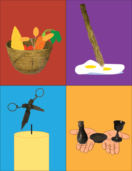 A Swedish broomcorn whisk used to beat eggs, a basket made by a Christian, a Swedish wick trimmer and a communion set dated back to 1885, displayed at the top of Denkmann in the Augustana Historical Society’s official meeting room, are reimagined in their usage. Photos by Giang Do and illustration by Jessica Ramirez.