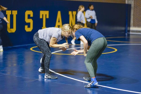 Augustana College women’s wrestling team’s Sydney Tajkowski (left) and Alicia Felker (right) go head to head in preparation for a match, during the team practice on Nov. 14.