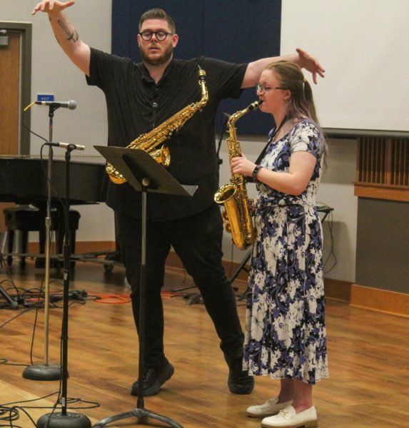 Kyle Hutchins, assistant professor of practice and saxophone at Virginia Tech, teaches junior Nicole Grafon some Saxophone contemporary techniques during his Masterclass on Feb 24.