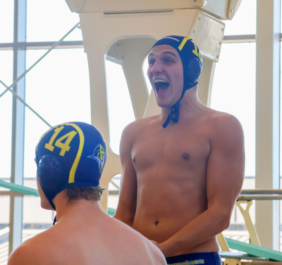 First-Year water polo athlete Cole Faux celebrates the win against McKendree on Oct. 19, 2024.