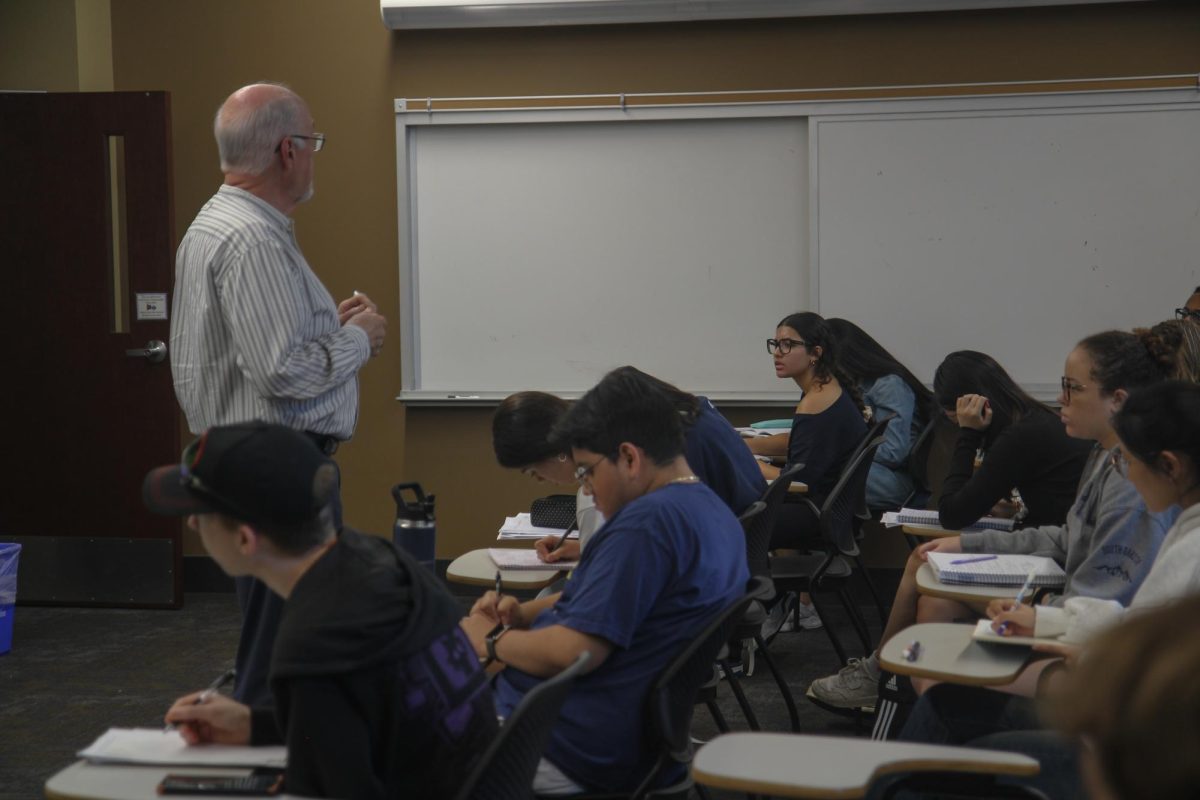 Dr. David Snowball teaches in his Advertising class on Sept. 26 2024. Dr. Snowball doesn’t allow screens, for which he explains they could interfere with learning and memorizing the lesson.