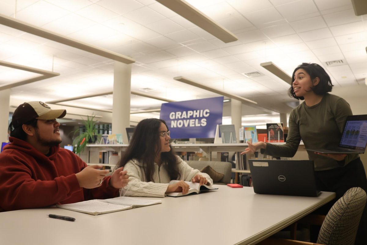 From the left, Juniors Diego Catalan-Castrejon, Charlize Cardenas and Amy Artega work together on Friday, Nov 1.