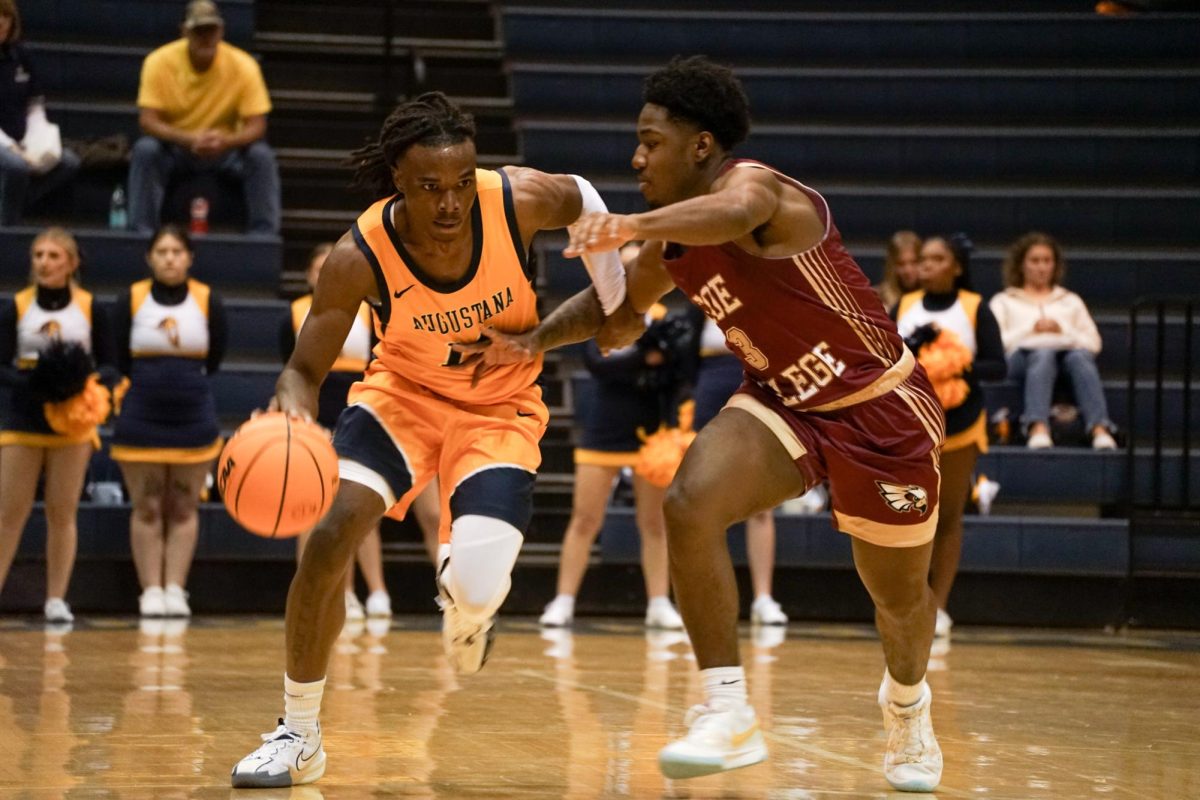 Junior Staishaun Kelley drives toward the basket in the home game against Coe College at Roy J. Carver Center on Nov. 12. 2024. The Augustana Vikings claimed victory with a score of 80-72, continuing their streak.