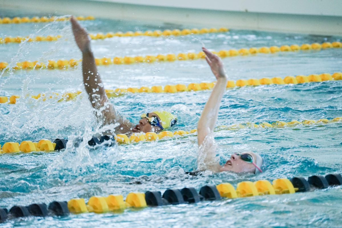 Senior Nathan Mesina and Senior Hailey Glasnovich practice side by side on Nov. 7, 2024 at the Anne Greve Lund Natatorium.