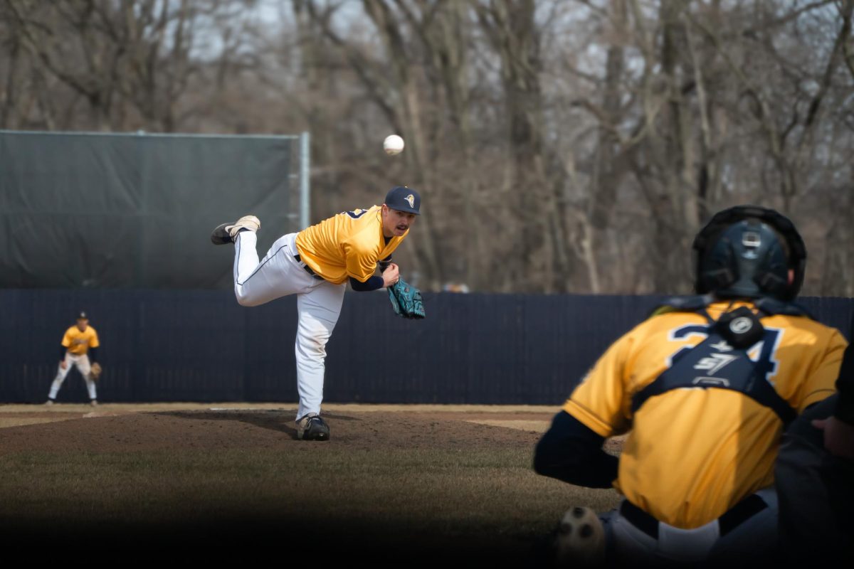 Blake Nettleton delivers a pitch to catcher Ryan Theile during Sunday's series finale against Luther College at Swanson Stadium. The team fell to the Norsemen 11-4, dropping to 4-3 on the season.