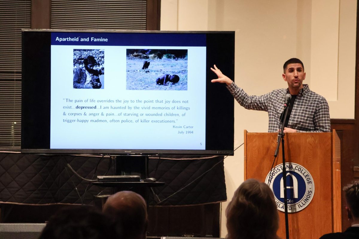  Dr. Christopher Ojeda, associate professor at the University of California, Merced, discusses how politics can affect citizens’ mental health during the talk “The Sad Citizen: How Politics Impact Mental Health” in Wallenberg Hall on March 5, 2026.