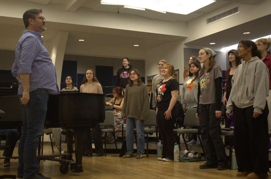 The Jenny Lind Ensemble warms up for rehearsal under the director of Dr. Michael Zemek in Bergendoff Hall of Fine Arts on March 19, 2026. This March the group will go on a tour of the Pacific Northwest. 