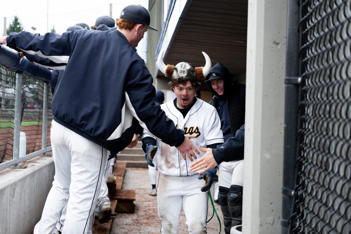 Augustana's AJ Macak celebrates in the dugout after a home run, donning the team's viking helmet, during a doubleheader against the Elmhurst Bluejays on April 4, 2026, at Swanson Stadium. The Vikings totaled 33 runs across 16 innings in the sweep.