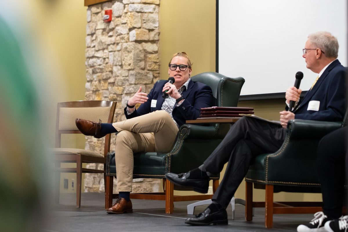 Swimming and diving head coach Ramsey Vens speaks during the 29th Athletic Hall of Fame induction ceremony Saturday, Feb. 1, 2026, in the Gavel Room. Vens was among this year's inductees.
